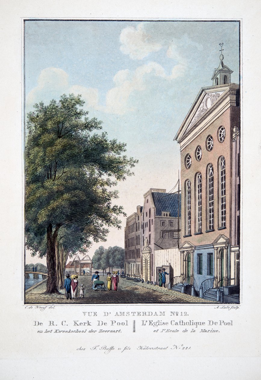 Utsikt over Amsterdam No.12. Fra R.C. Kerk De Pool en het Kweekschool der Zeerart. Pool Catholic Church and Marine School, 1825 (håndfarget gravering) av Cornelis de Kruyff