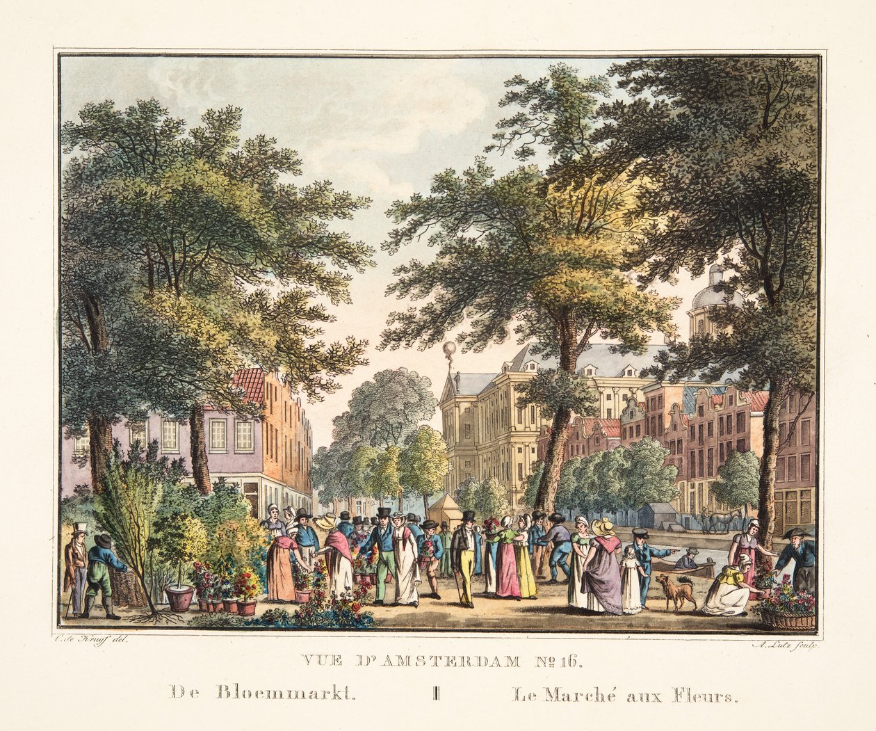 Utsikt over Amsterdam No.16. Fra Bloemmarkt. Blomstermarkedet, 1825 (håndfarget gravering) av Cornelis de Kruyff