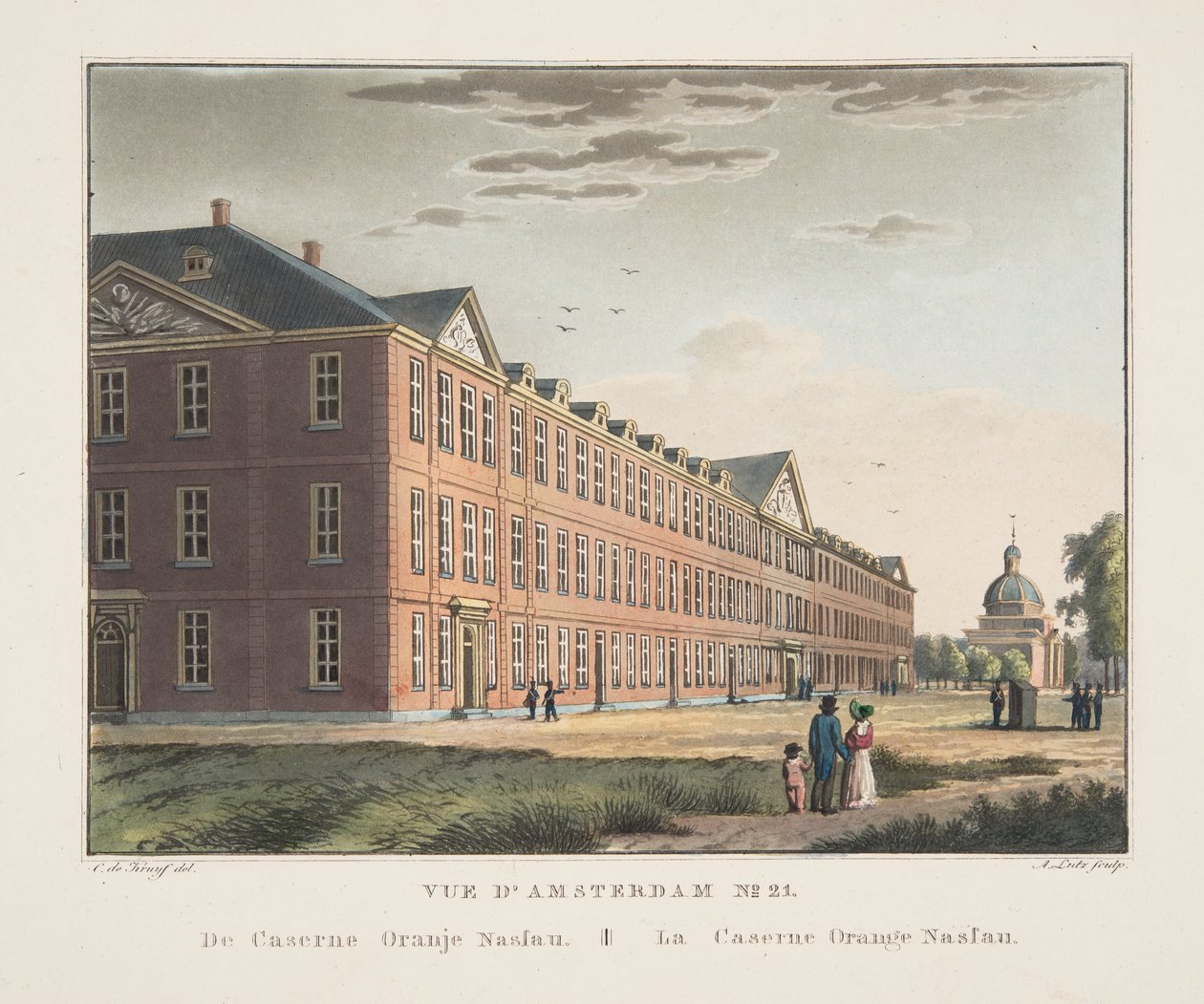 Utsikt over Amsterdam No.21. Fra Oranje Nassau Barracks. The Orange Nassau Barracks, 1825 (håndfarget gravering) av Cornelis de Kruyff