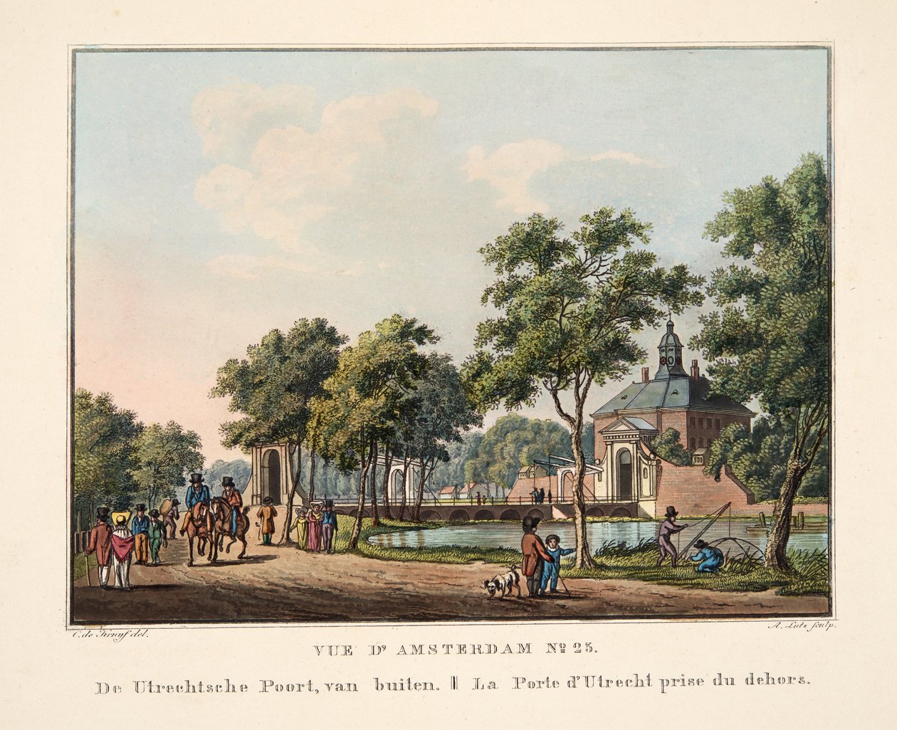 Vue d'Amsterdam No.23. Utrechtsche Poort, fra utsiden. La Porte d'Utrecht prize du dehors, 1825 (håndfarget gravering) av Cornelis de Kruyff