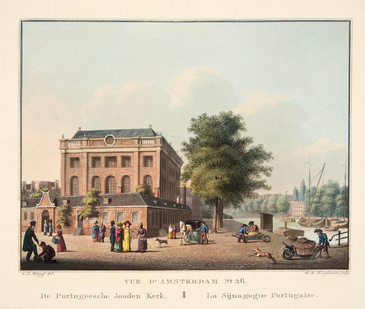 Utsikt over Amsterdam No.26. Fra Portugeesche Jooden Kerk. La Sijnagogue Portugaise, 1825 (håndfarget gravering) av Cornelis de Kruyff