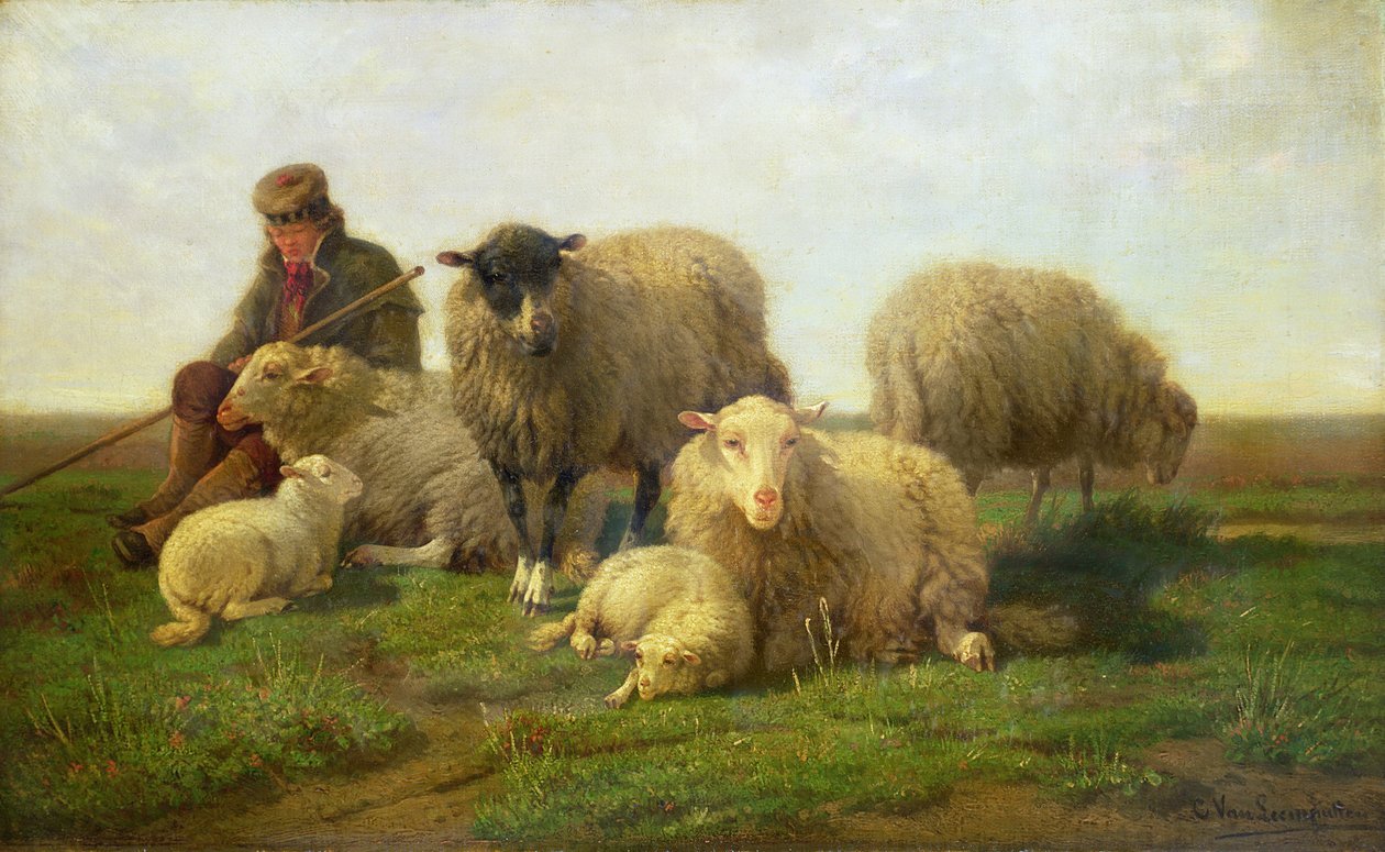 En hyrde med sauer og lam av Cornelis van Leemputten