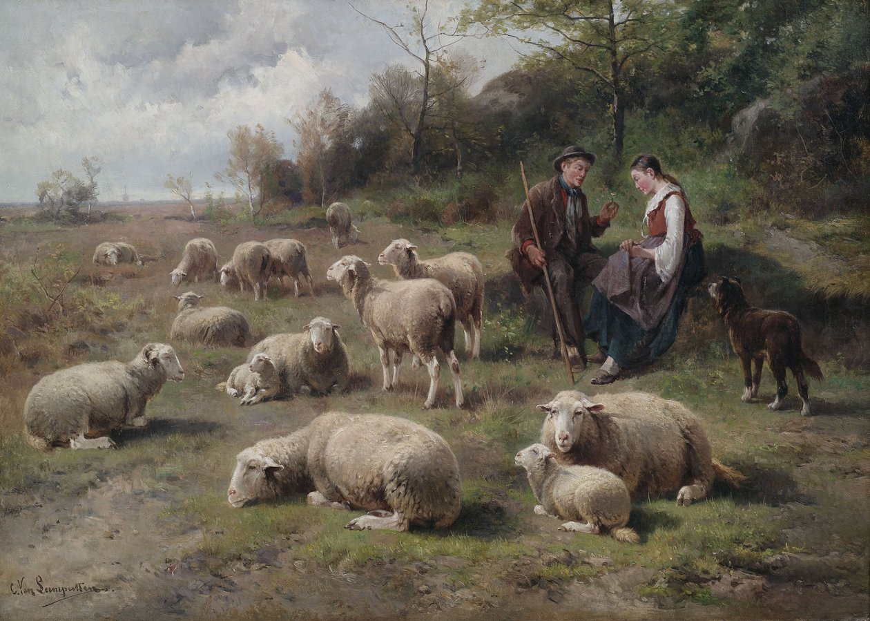 Gjeterpar med flokk i beitemark av Cornelis van Leemputten