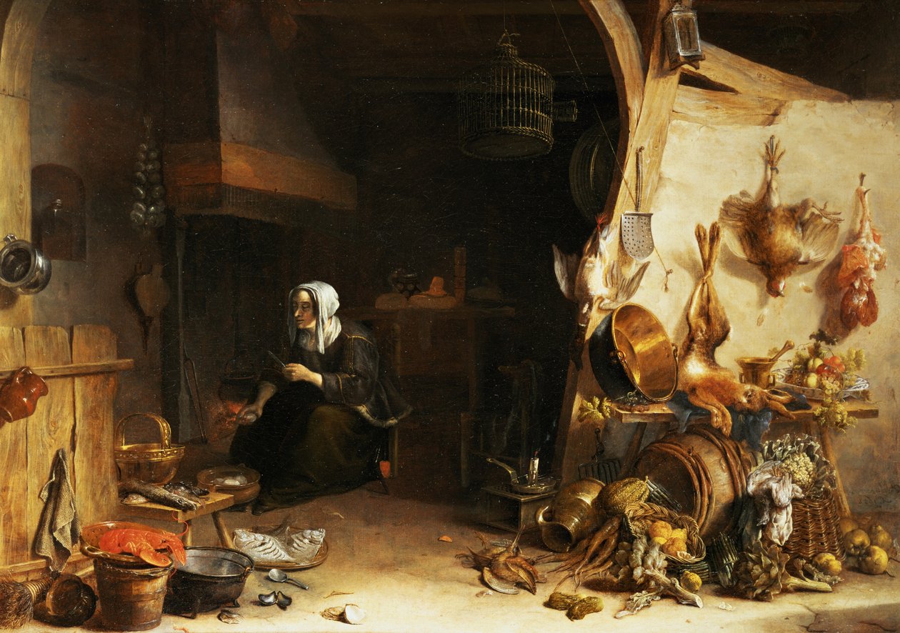 Et kjøkkeninteriør med en tjenestejente omgitt av redskaper, grønnsaker og en hummer på en tallerken av Cornelis van Lelienbergh