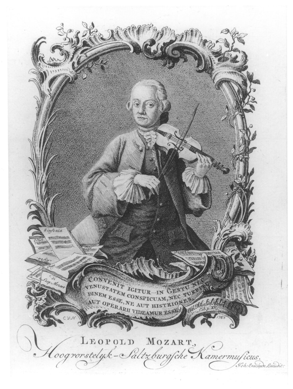 Portrett av Leopold Mozart (1719-87) østerriksk fiolinist og komponist, gravert av Johann Enschede, 1765 av Cornelis van Noorde