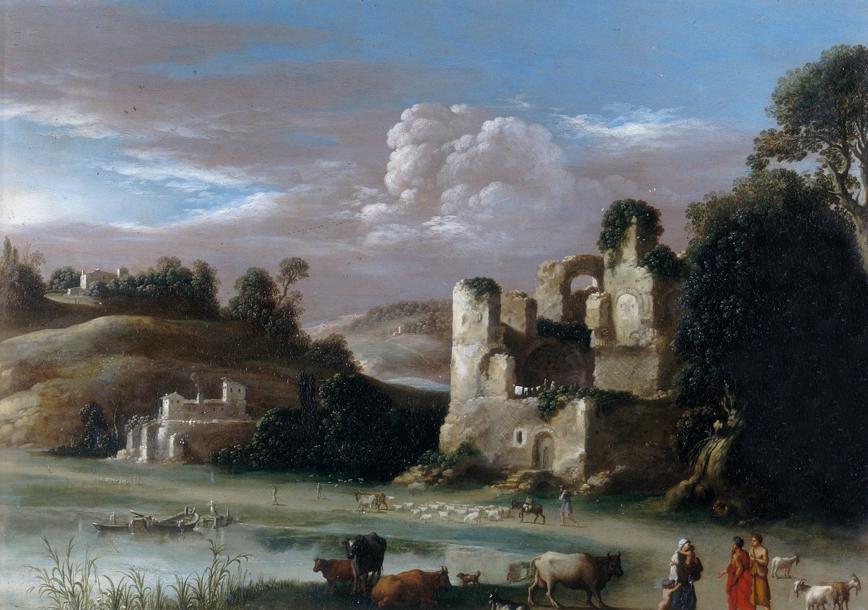 Landskap med ruiner og gjetere av Cornelis van Poelenburgh or Poelenburch