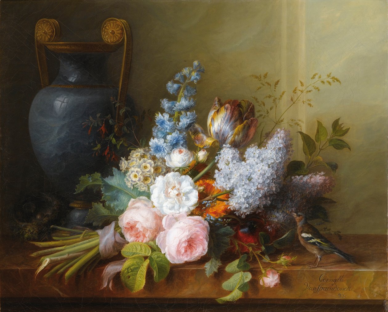 Blomsterknippe med fuglerede av Cornelis van Spaendonck