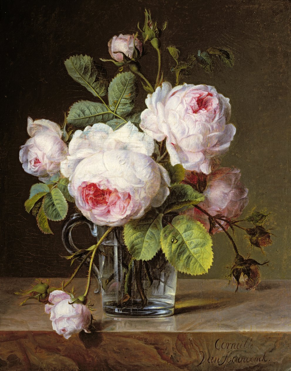 Roser i en glassvase på en hylle av Cornelis van Spaendonck