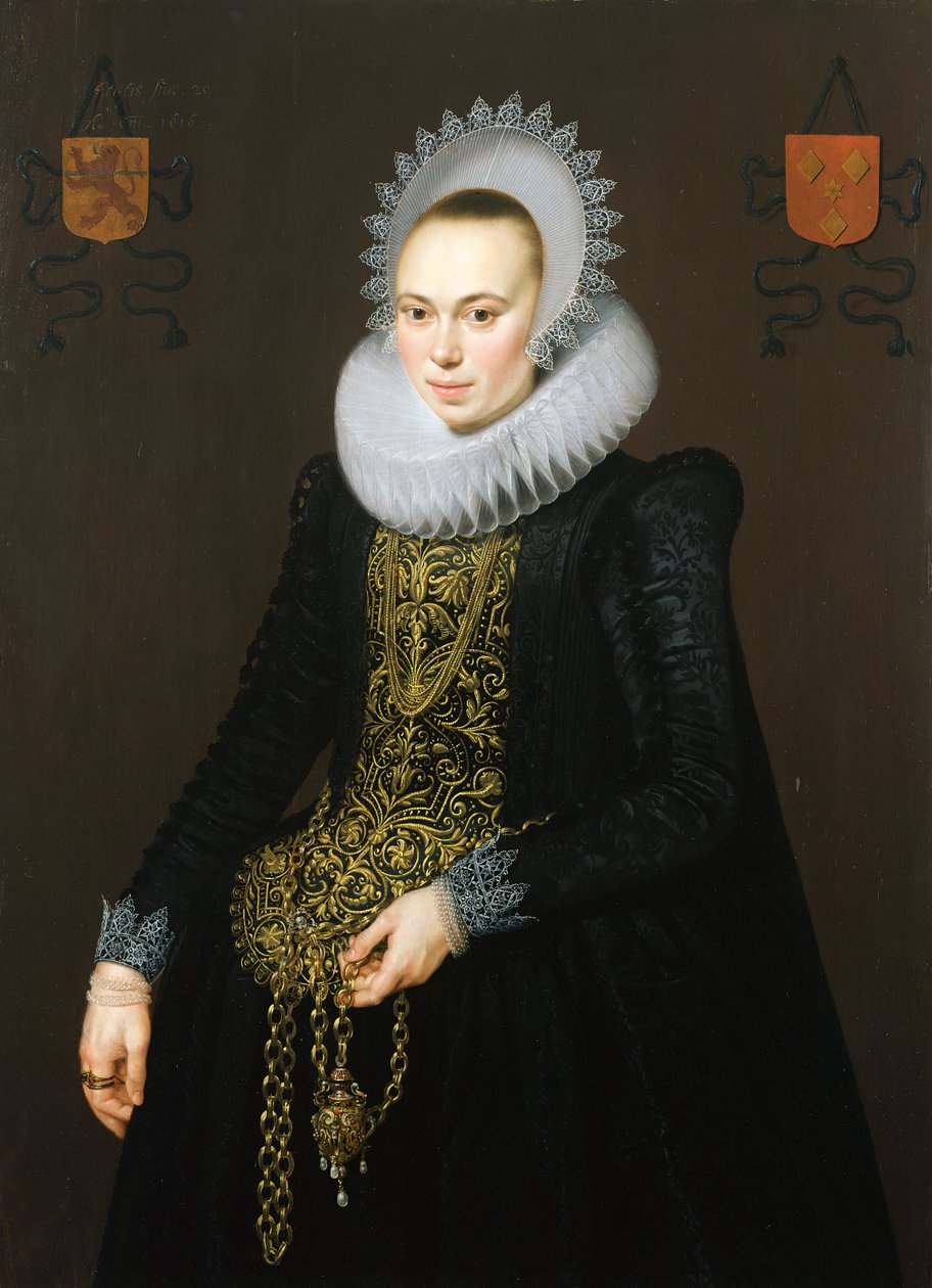 Portrett av Justina van Teylingen, 1616 (se 307901 for par) av Cornelis van der Voort