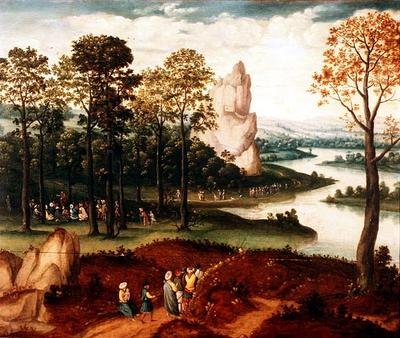 Et omfattende skogkledd elvelandskap med døperen Johannes som forkynner av Cornelis (after) Massys