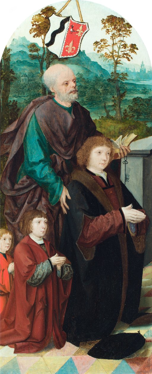 En giver og hans to sønner introduserte for Saint Peter (olje eller panel) av Cornelis (attr. to) Engelbrechtsz