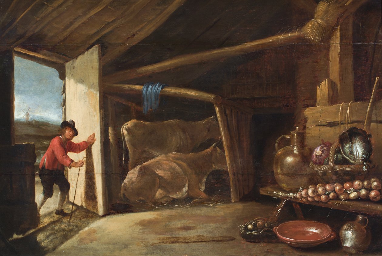 Et låveinteriør med en kugjeter som kommer inn og et stilleben av grønnsaker og kobberkar (olje på panel) av Cornelis (circle of) Saftleven