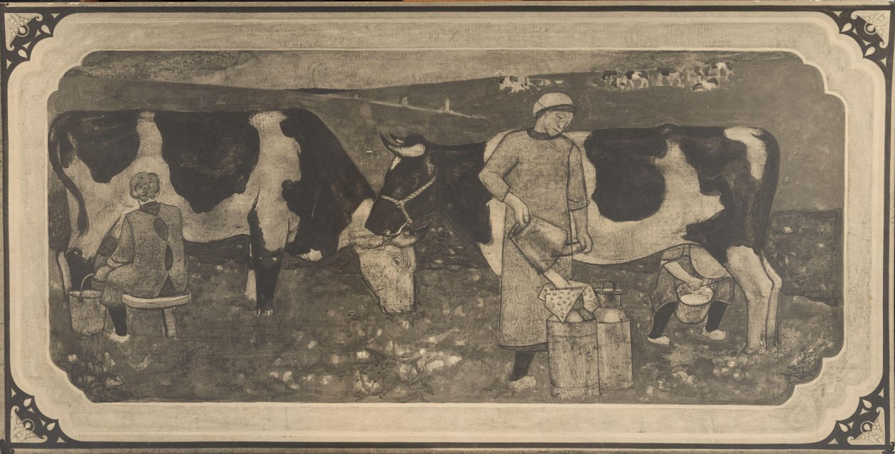 Fotoreproduksjon av designtegning med bondekvinner og kyr for glassmalerier av Richard Roland Holst av Cornelis Albertus Deul