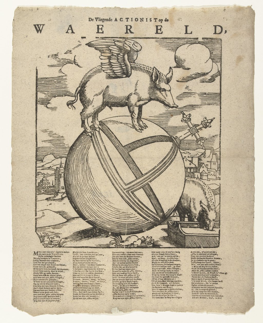 Den bevingede grisen i verden The Flying Actionist on the weareld (tittel på objekt) av Cornelis Anthonisz.