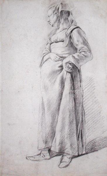 En stående bondekvinne (svart kritt på papir) av Cornelis Pietersz Bega