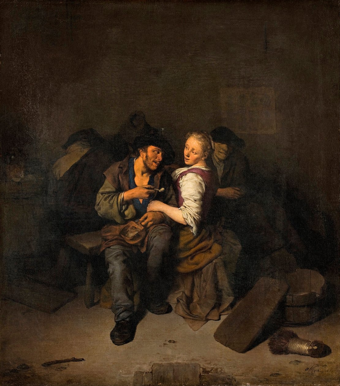 ""Young Couple in a Tavern"" (Young Couple in a Tavern) Maleri av Cornelis Pietersz Bega (1631/2-1664) - 1661 - Olje på lerret Dim 39x34,5 cm Hallwylska Museet, Stockholm av Cornelis Pietersz Bega