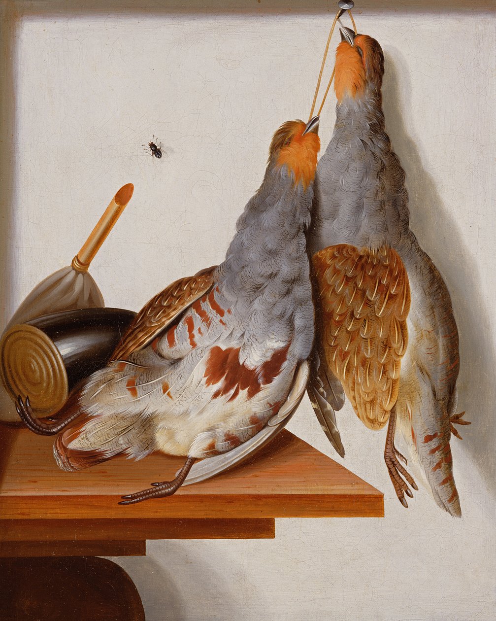 Trompe l'Oeil av to rapphøns som henger fra en spiker av Cornelis Biltius