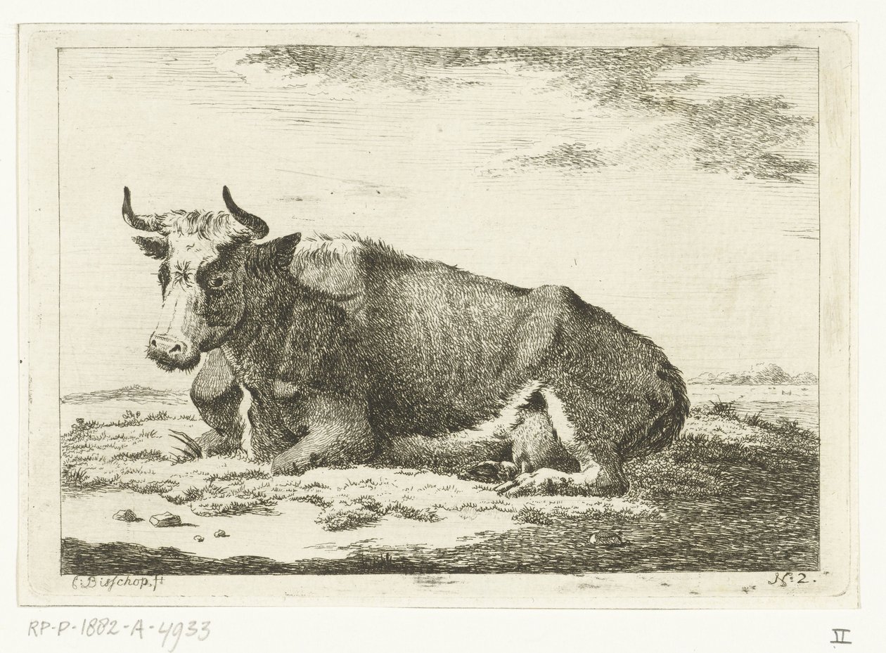 Landskap med liggende ku med horn Kyr (serietittel) av Cornelis  Bisschop
