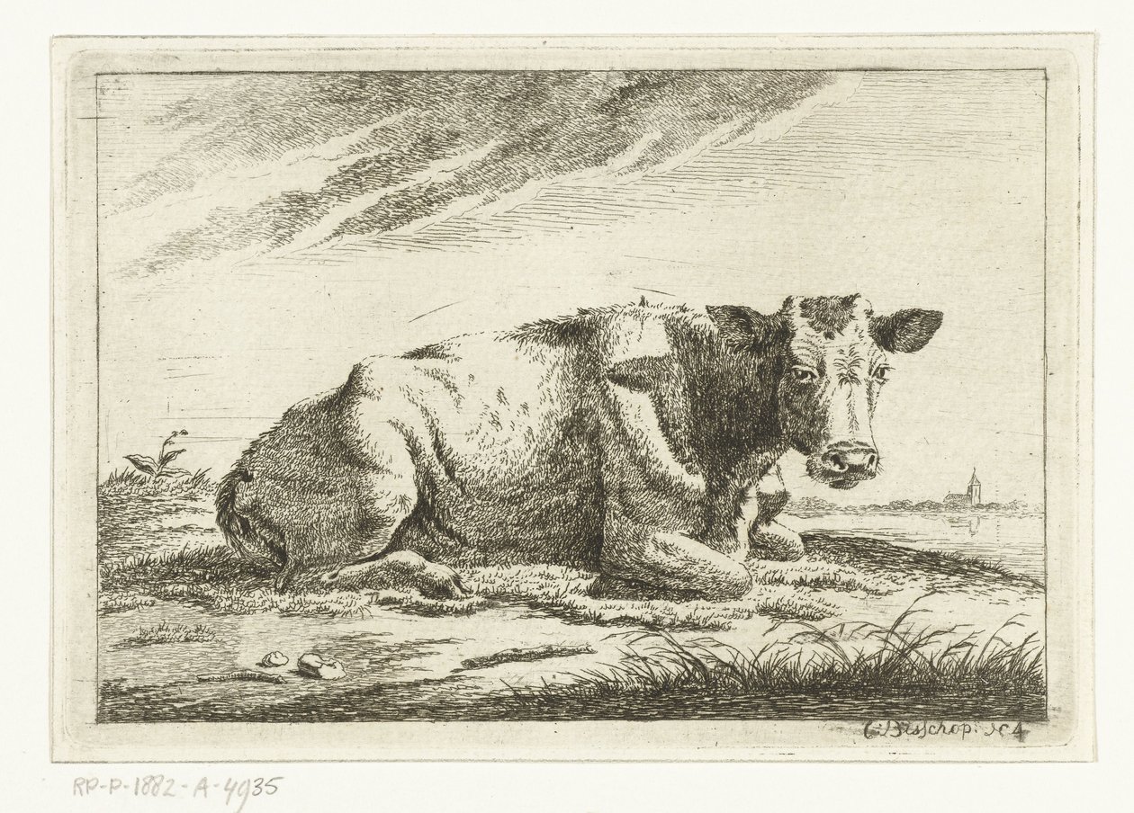 Landskap med en liggende ku uten horn Kyr (serietittel) av Cornelis  Bisschop