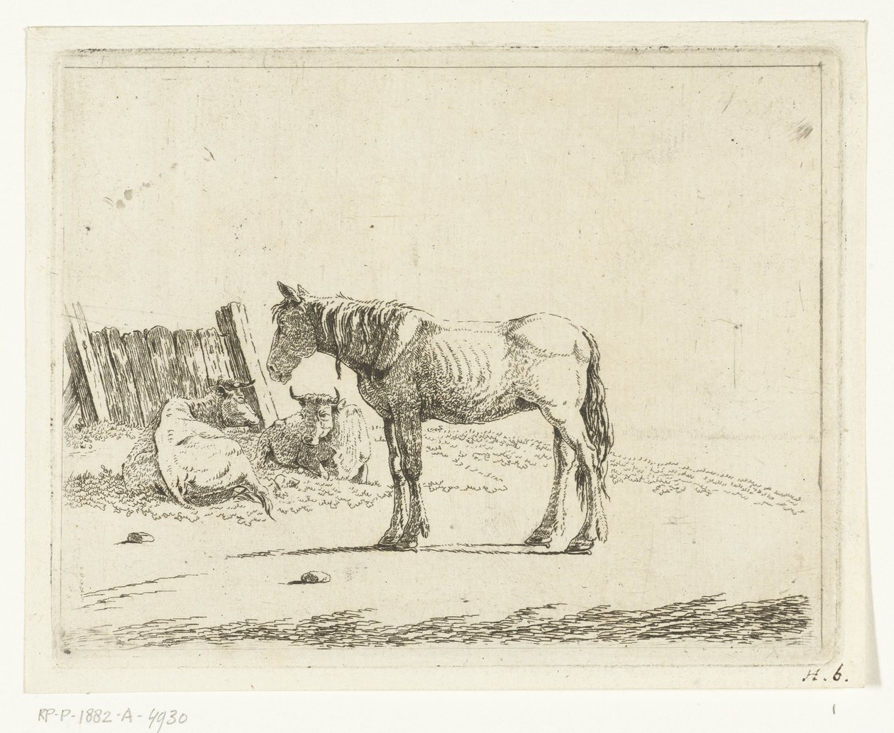 Landskap med hest og to kyr ved gjerde av Cornelis  Bisschop
