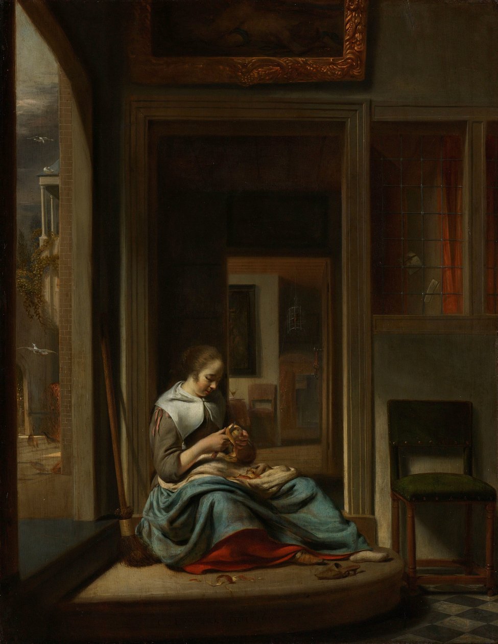 Kvinne som skreller et eple av Cornelis Bisschop