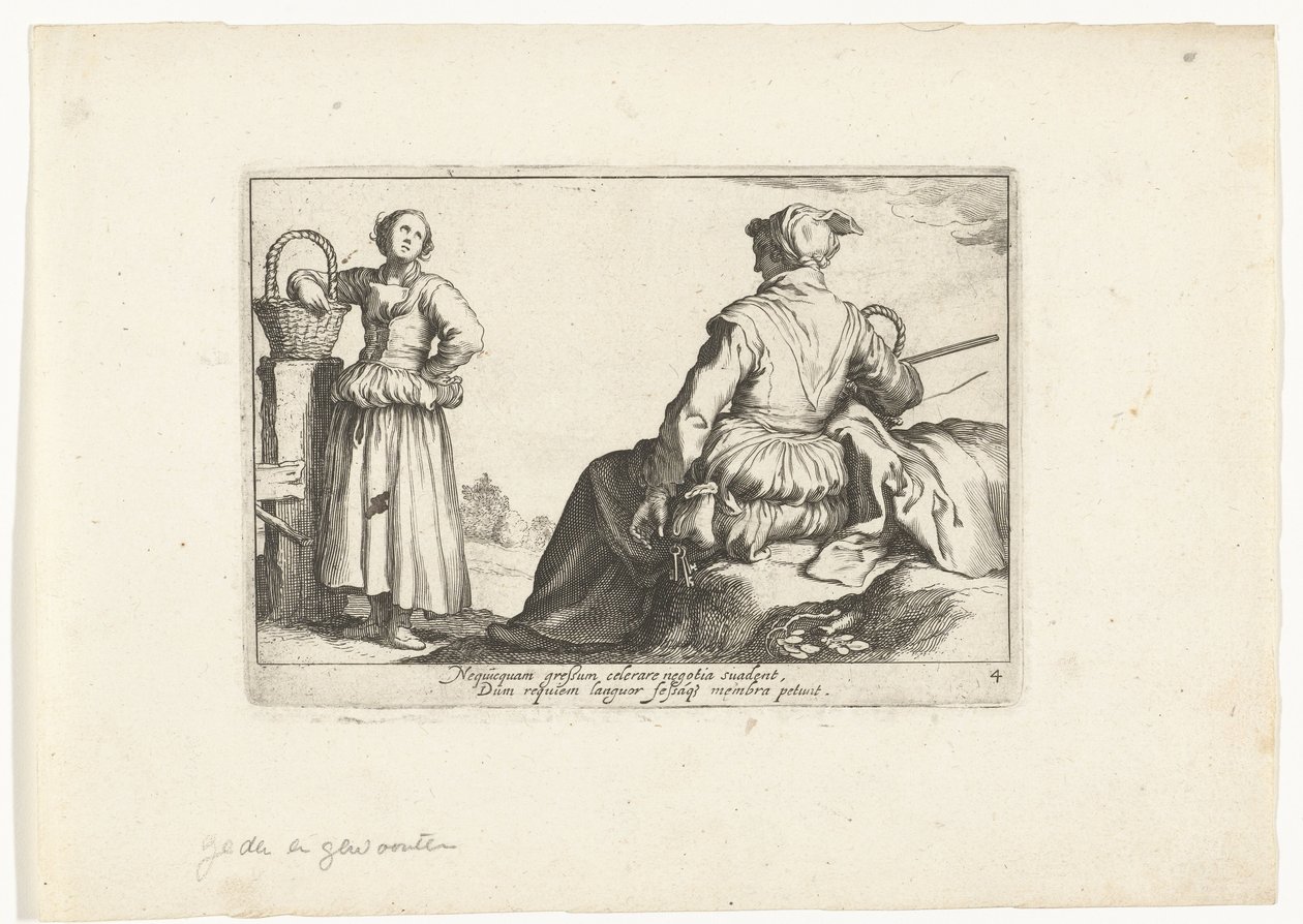 To bondekvinner Pastorale scener (serietittel) Otia delectant (serietittel) av Cornelis Bloemaert (II)