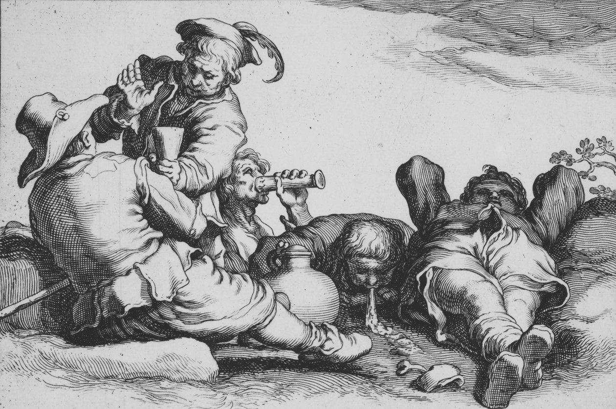 Peasants Drinking, fra serien Sixteen Peasant Subjects, 1600-tallet. av Cornelis Bloemaert