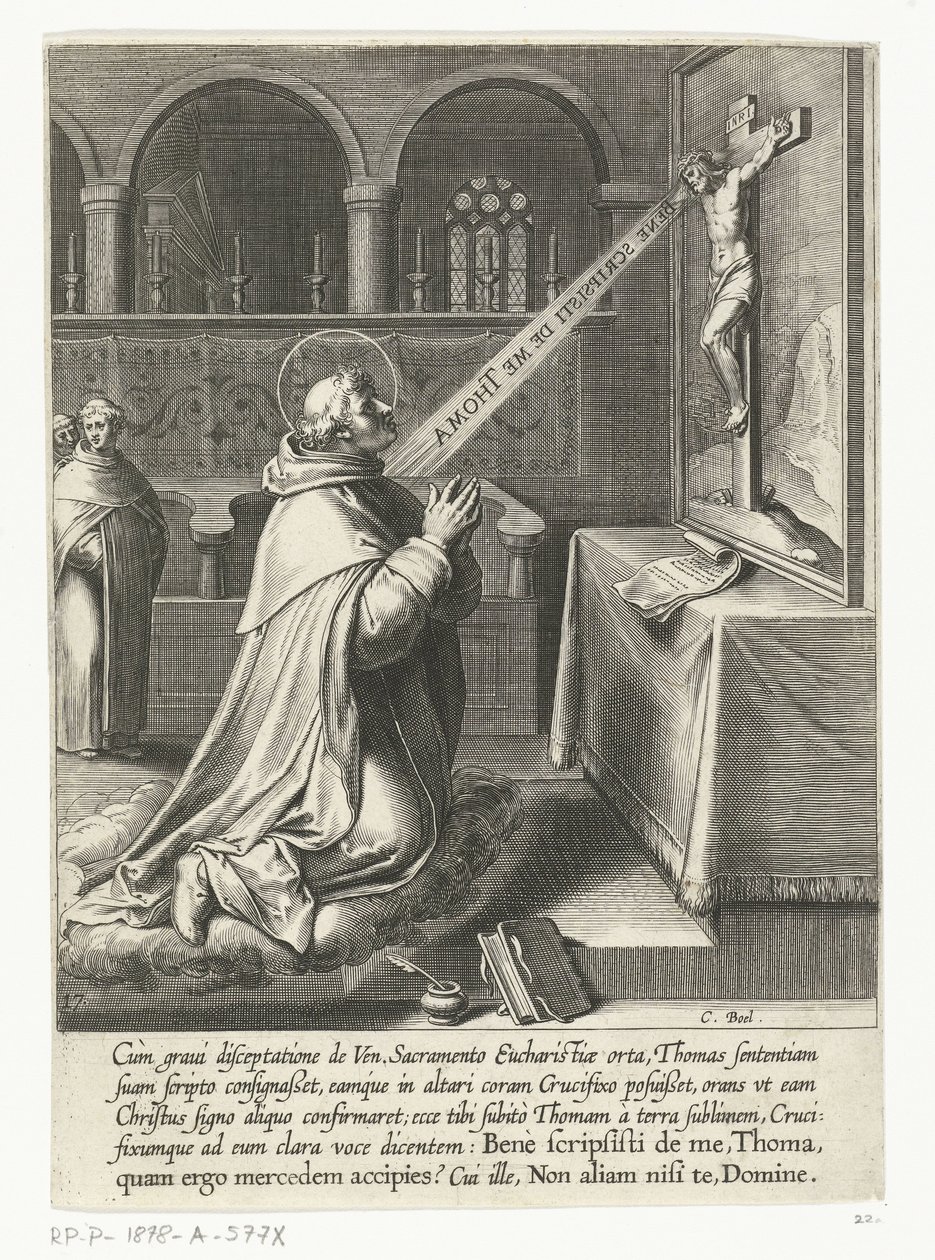 Saint Thomas Aquinas snakker med et krusifiks The Life of Saint Thomas Aquinas (serietittel) av Cornelis Boel