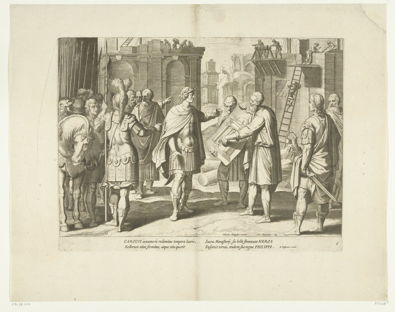 Karel V laat een klooster bouwen, 1555, nr. 8 Scener uit het leven van Karel V (serietittel) Livet til keiser Charles V. i meget vakre dyptrykk, inngravert på designene til den berømte A. Tempeste, av to av de mest dyktige mestere J. de Gein & av Cornelis Boel