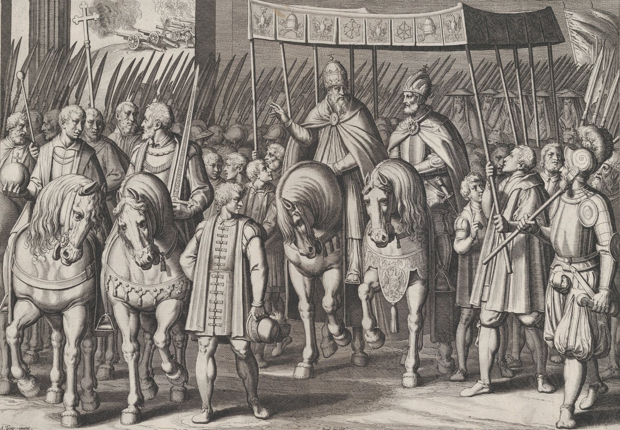 Plate 3: Charles V kronet keiser inn i Roma med paven, fra triumfene til Charl..., 1614. av Cornelis Boel