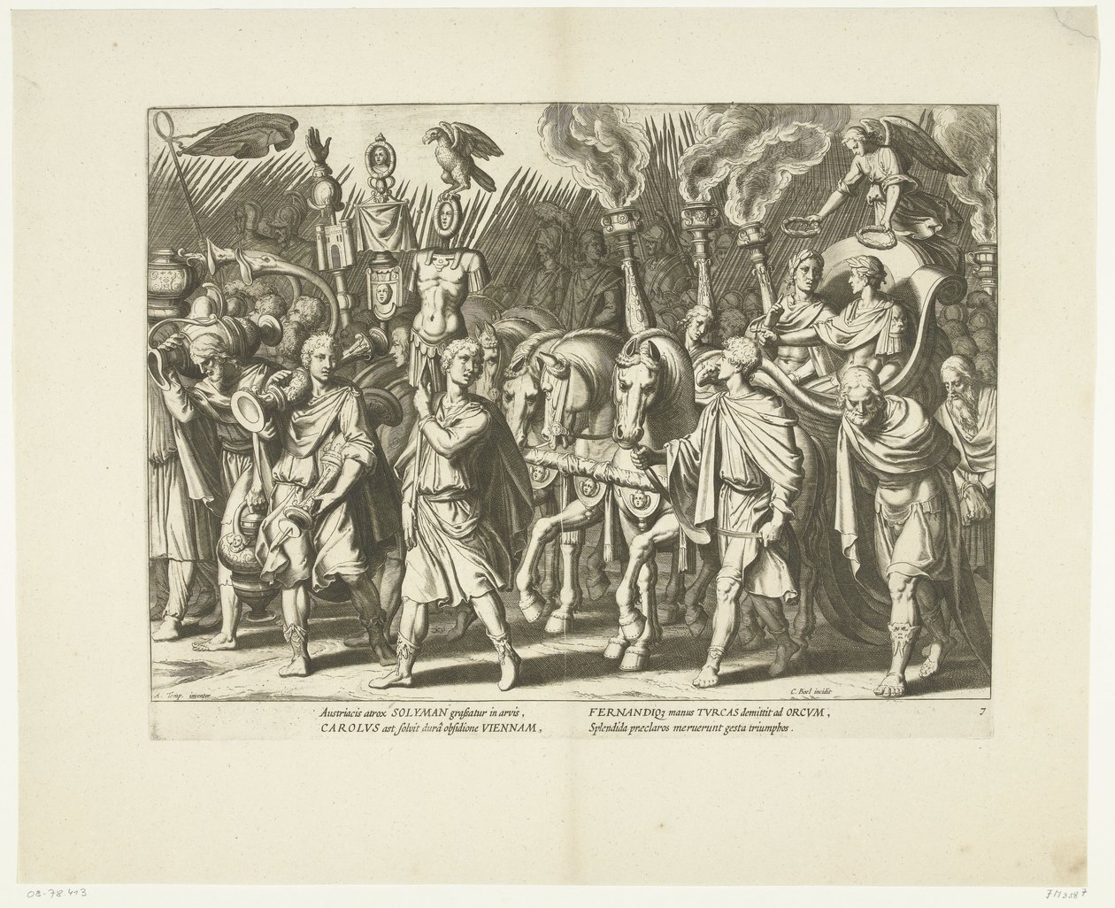 Triomfwagen van Karel V og Ferdinand, na de bevrijding van Wenen van de Turken, ca. 1532, nr. 7 Scènes uit het leven van Karel V (serietittel) Livet til keiser Charles V. i svært vakre dyptrykk, inngravert på designene til den berømte A. Tempest av Cornelis Boel