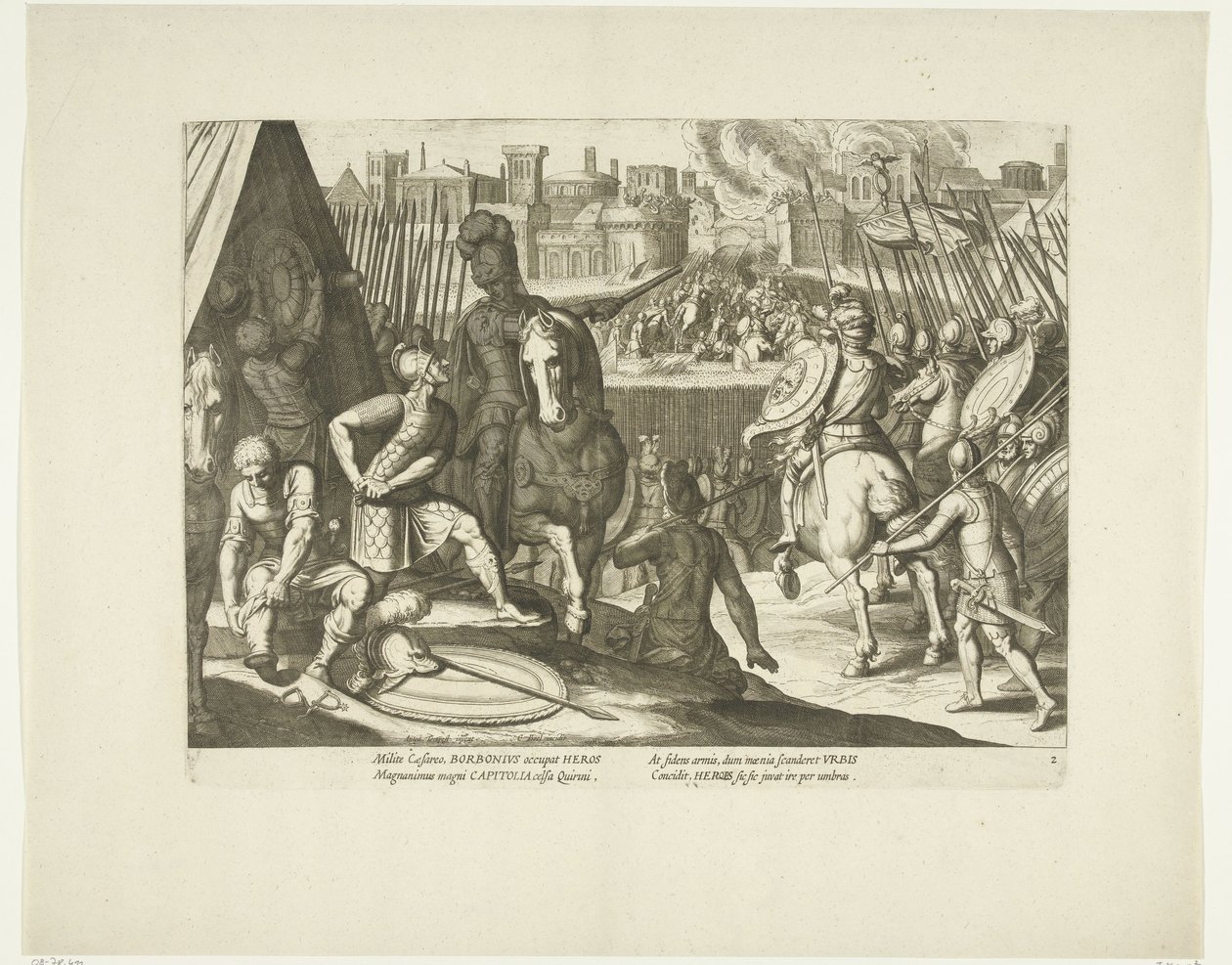 Verovering av Roma, 1527, nr. 2 Scener uit het leven van Karel V (serietittel) Livet til keiser Charles V. i svært vakre dyptrykk, inngravert på designene til den berømte A. Tempeste, av to av de mest dyktige mestere J. de Gein & C. Boel. På av Cornelis Boel