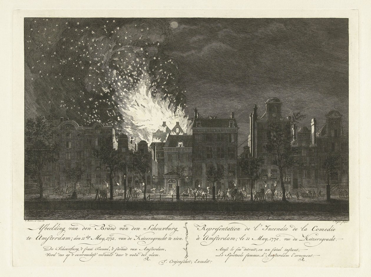 Brann i Amsterdamse Schouwburg sett fra den andre siden av Keizersgracht, 1772 Skildring av brannen i Schouwburg i Amsterdam; 11. mai 1772. Fra Keizersgracht for å se / Representation de l