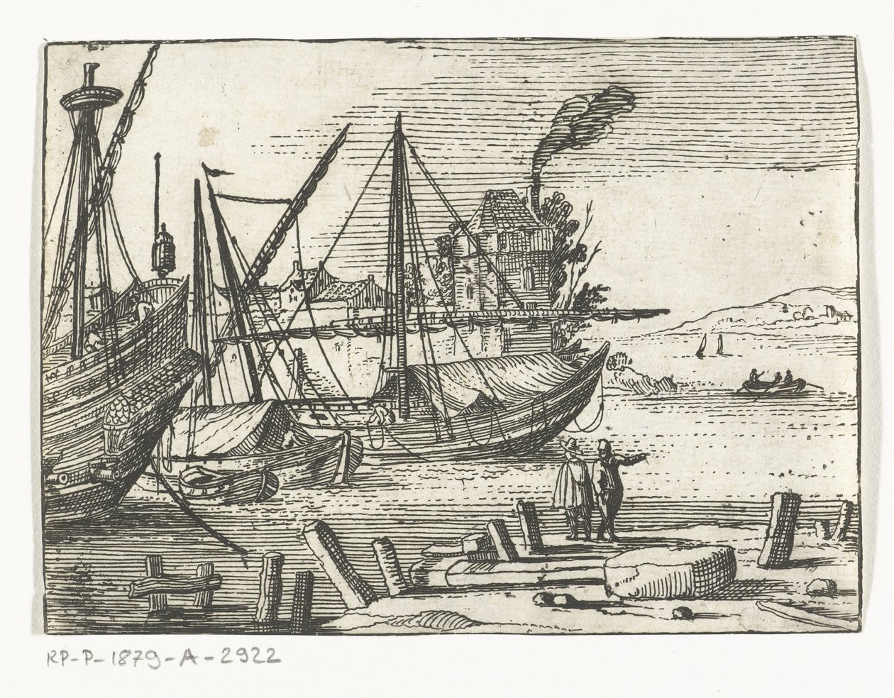 Havneutsikt med to seilskuter og en galjon, to menn som står på kaia Landscapes and Marines (serietittel) av Cornelis Bol (attributed to)