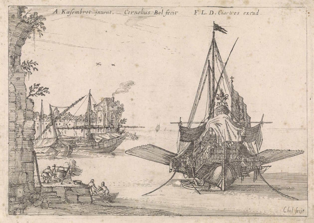 Galei forankret i en bukt Harbour Views (serietittel) av Cornelis Bol