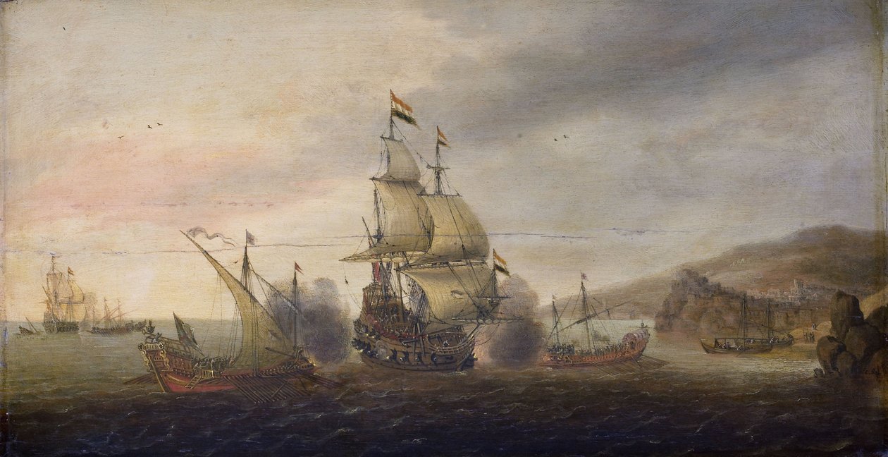 Sjøslag mellom nederlandske krigsmenn og spanske galeyer av Cornelis Bol