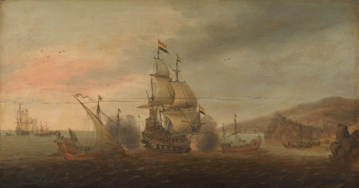 Sjøslag mellom nederlandske krigsmenn og spanske bysser av Cornelis Bol