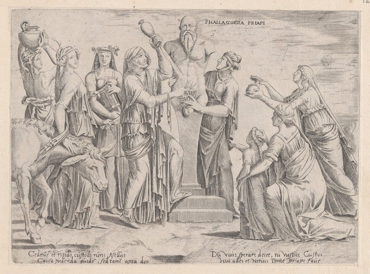 Mirror of Roman Magnificence: Åtte kvinner som ofrer til Priapus, 1500-tallet., 1500-tallet. av Cornelis Bos.