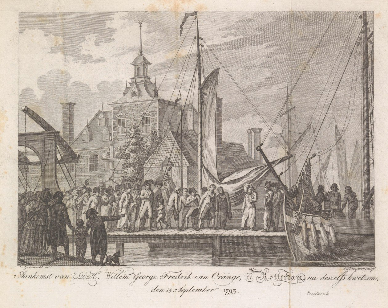 Ankomst av den sårede prins Willem George Frederik i Rotterdam, 1793 Ankomst av HSH Willem George Fredrik van Oranje, til Rotterdam, etter hans såring, 15. september 1793 (tittel på objekt) av Cornelis Brouwer