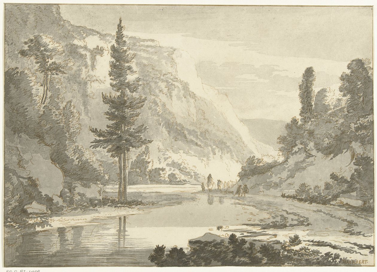 Fjelllandskap med gjetere på en elvebredd av Cornelis Brouwer