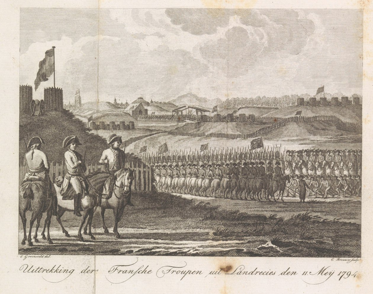 Franske tropper forlater Landrecy, 1794 Utvinning av den franske troppen fra Landrecies den 11. mai 1794 (tittel på objekt) av Cornelis Brouwer