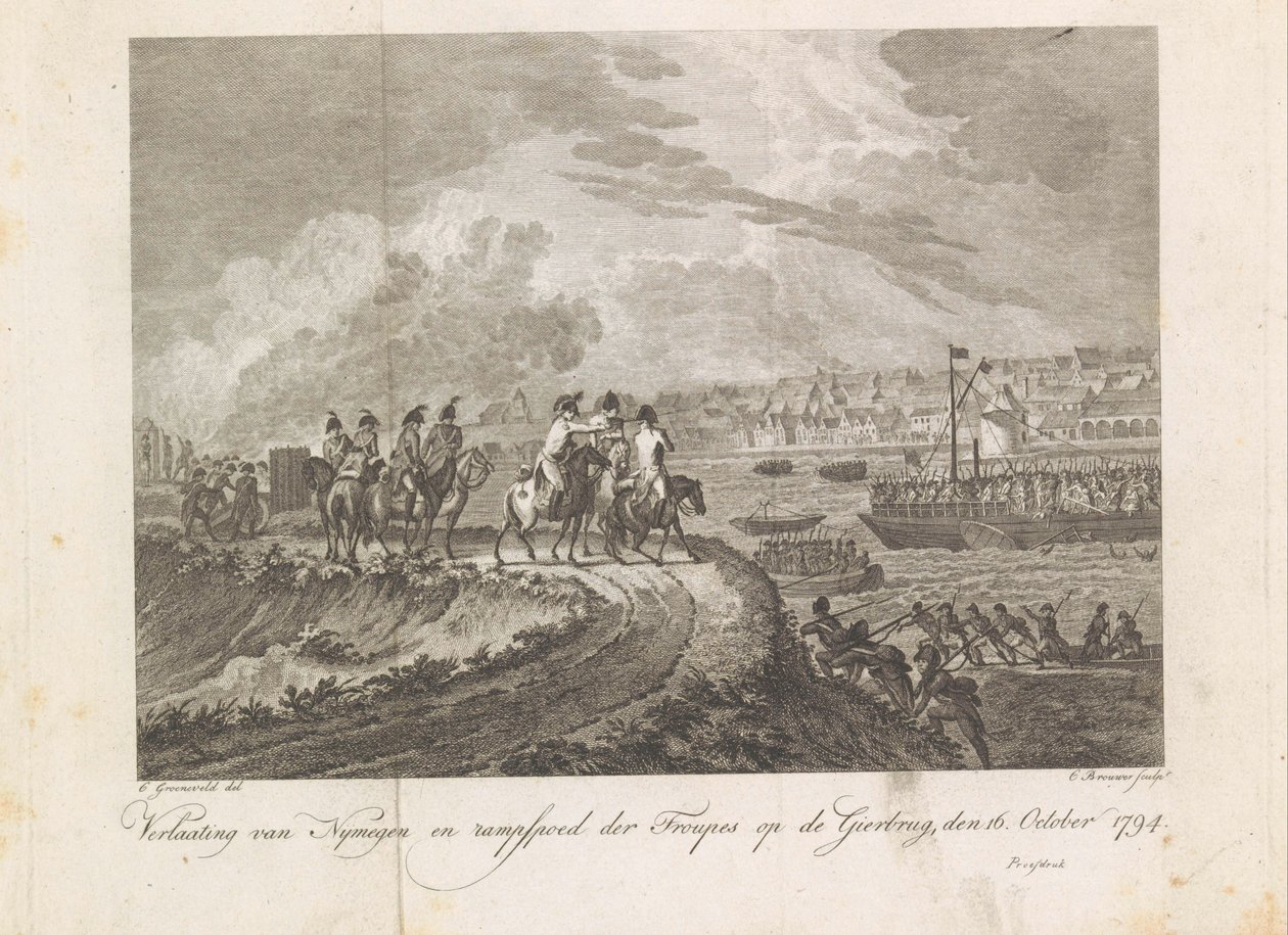 Fransk beskyter de flyktende troppene på Gierbrug, 1794 Forlatelse av Nymegen og Troupes Disaster on Vulture Bridge, 16. oktober 1794 (tittel på objekt) av Cornelis Brouwer