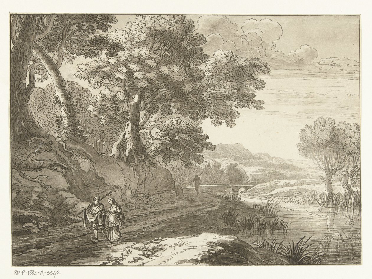 Italiensk landskap med tre vandrere av Cornelis Brouwer