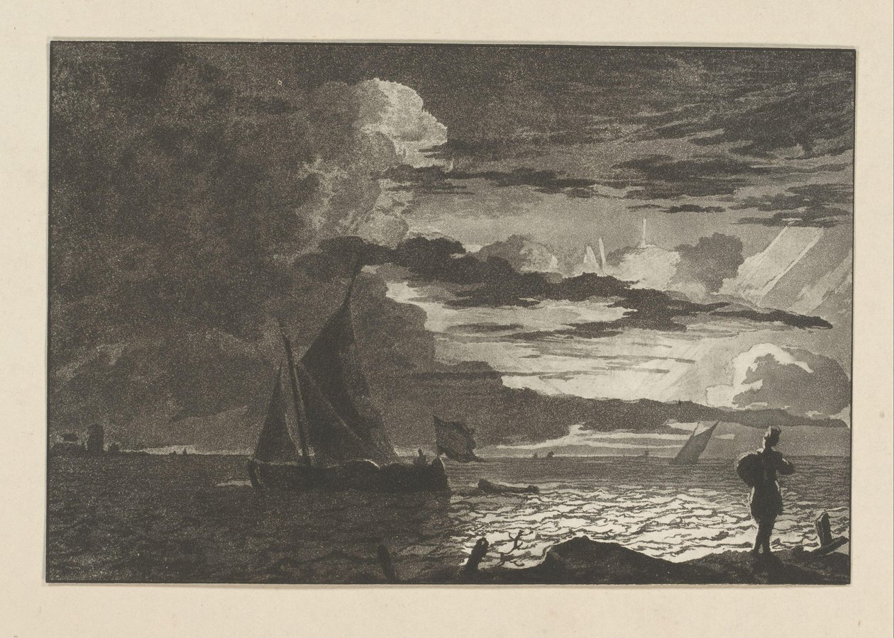 Mann med veske på skulderen ved soloppgang av Cornelis Brouwer