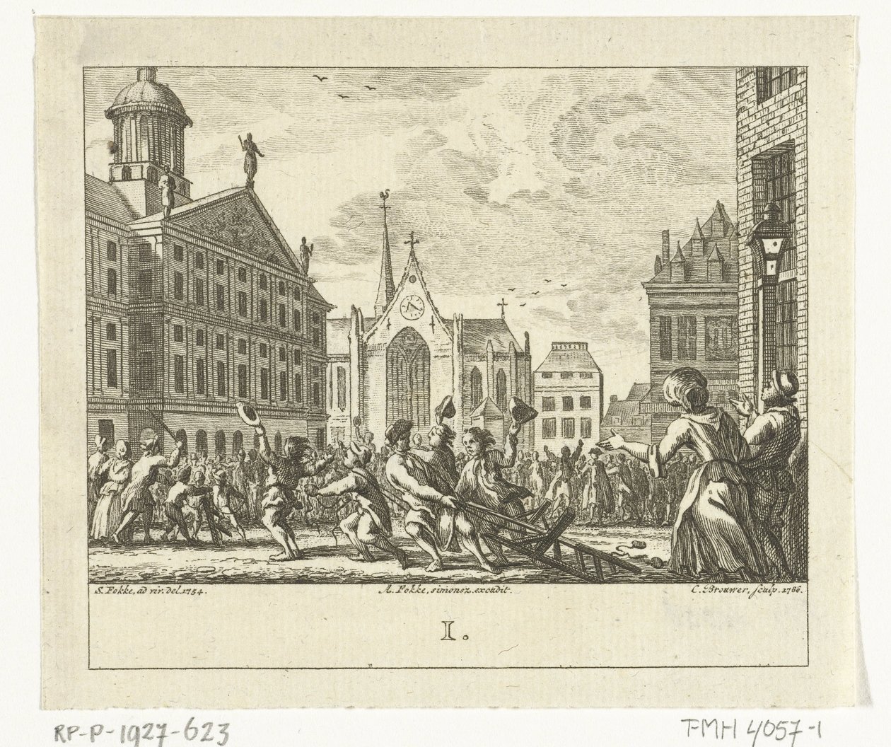 Opprør ved begravelsen til Daniël Raap på Dam-plassen i Amsterdam i 1754 av Cornelis Brouwer