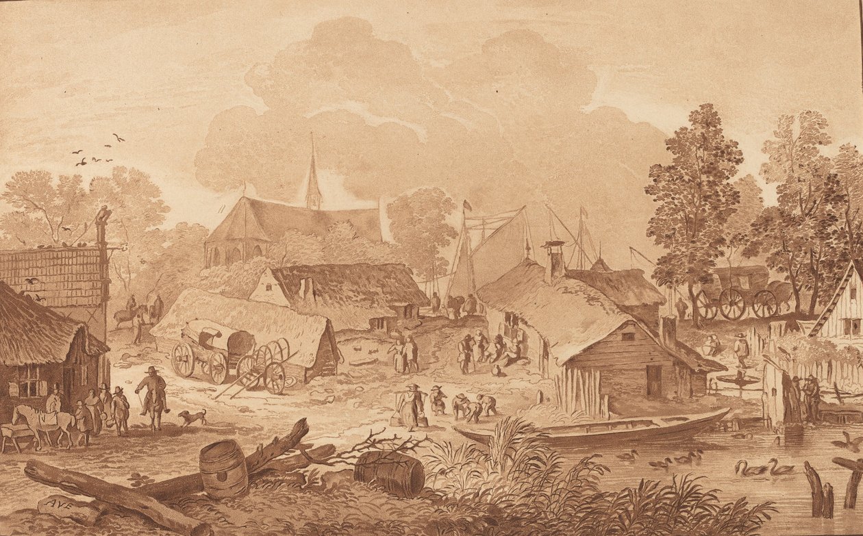 Landsby med tjern, ca. 1782. av Cornelis Brouwer