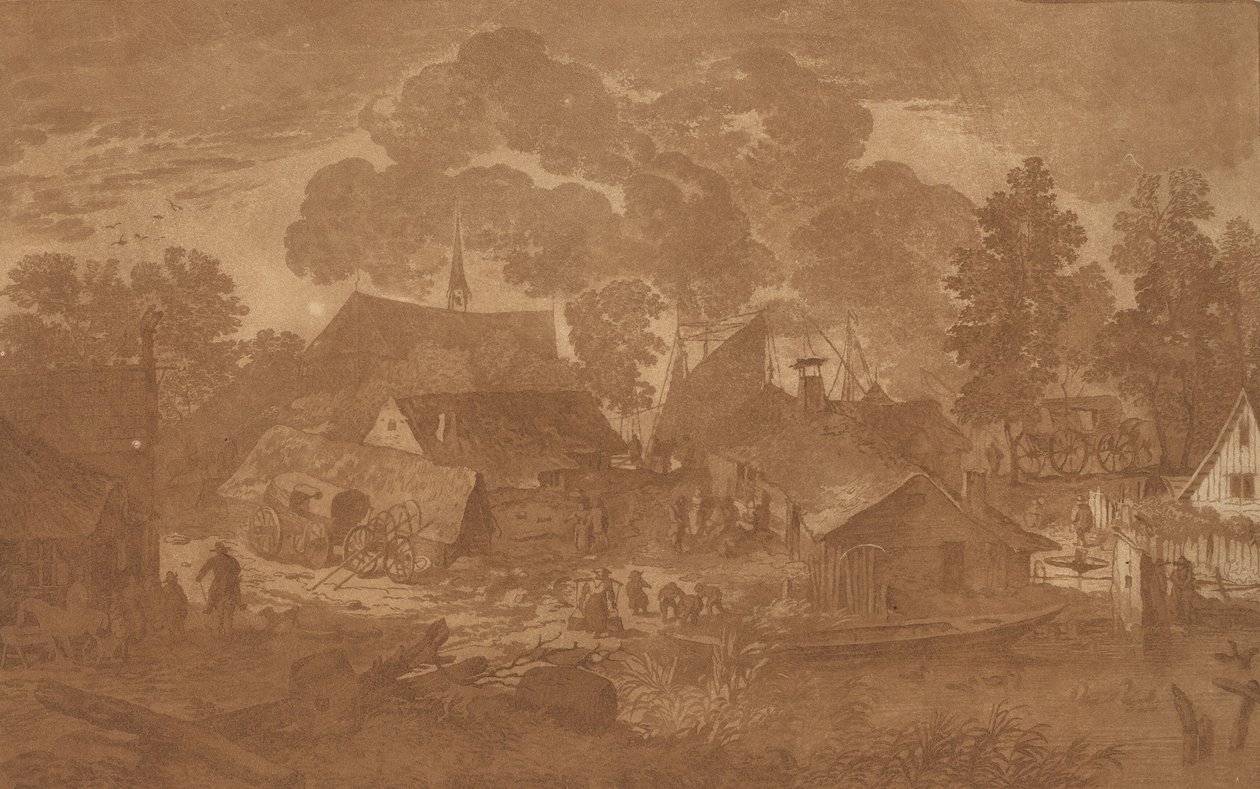 Landsby med tjern, ca. 1782. av Cornelis Brouwer