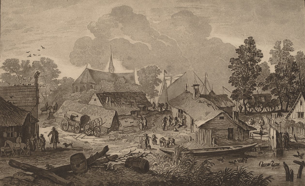 Landsby med tjern, ca. 1782. av Cornelis Brouwer