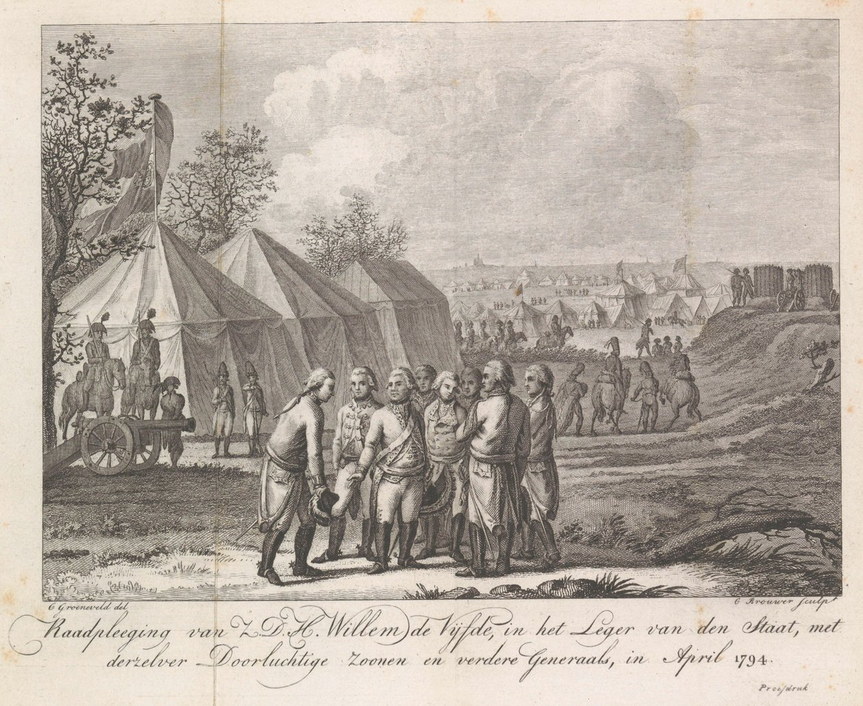 William V med sønnene sine i hærleiren, 1794 Konsultasjon av Z.D.H. William den femte, i Army of the State, med hans rolige sønner og andre generaler, i april 1794 (tittel på objekt) av Cornelis Brouwer