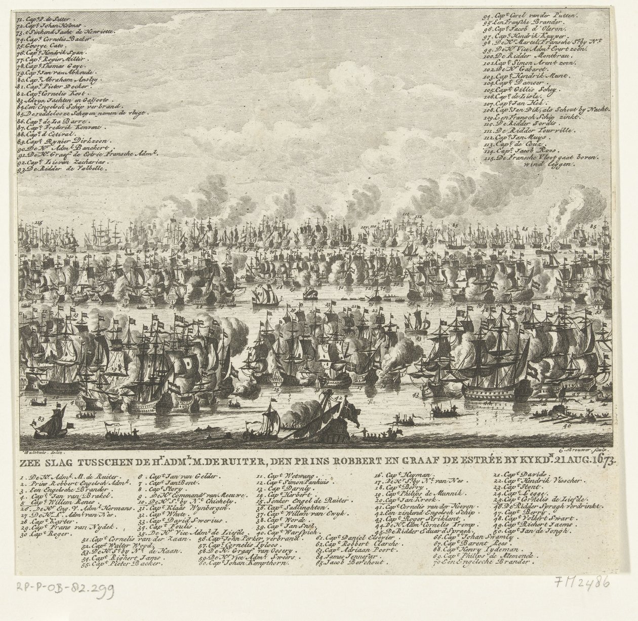 Slaget ved Kijkduin, 1673 Sjøkamp mellom Hr. admin. M. de Ruiter, Prins Robbert og grev de Estrée av Kykdn. 21. august 1673 (tittel på objekt) av Cornelis Brouwer